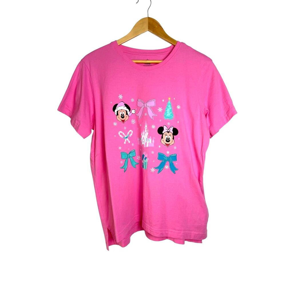 Disney Parks 2025 Mickey and Minnie Pink Christmas Bow T-Shirt - Picture 2 of 5